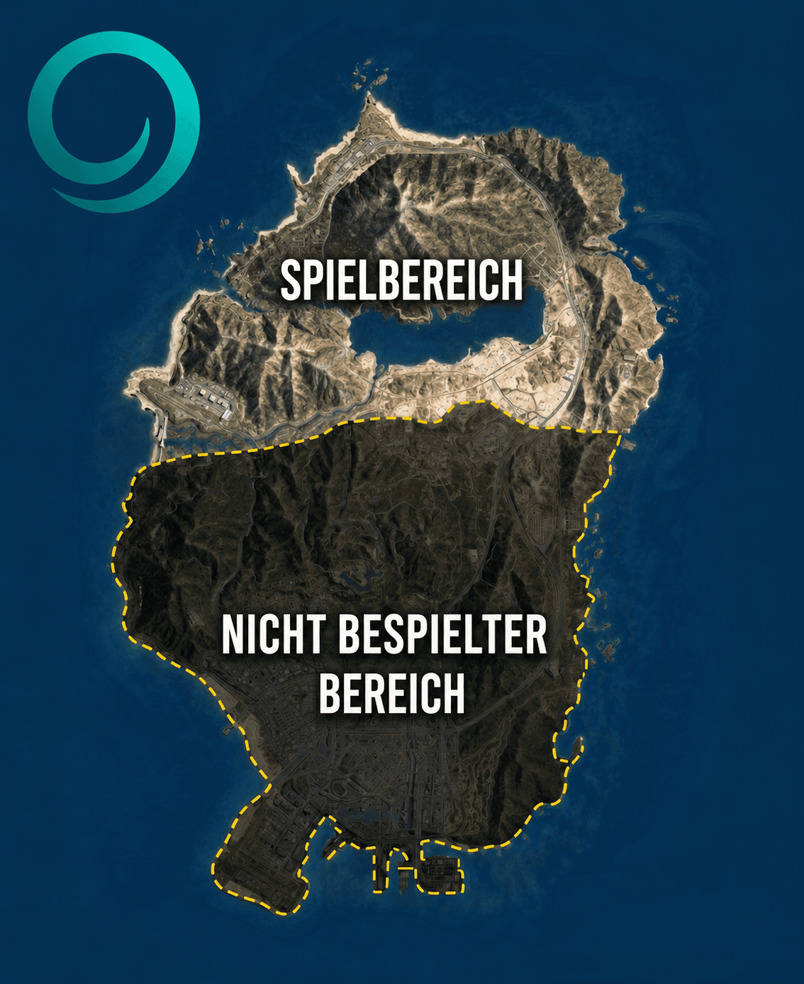 Karte von Blaine County: Spielbereich im Norden, nicht bespielter Bereich im Süden